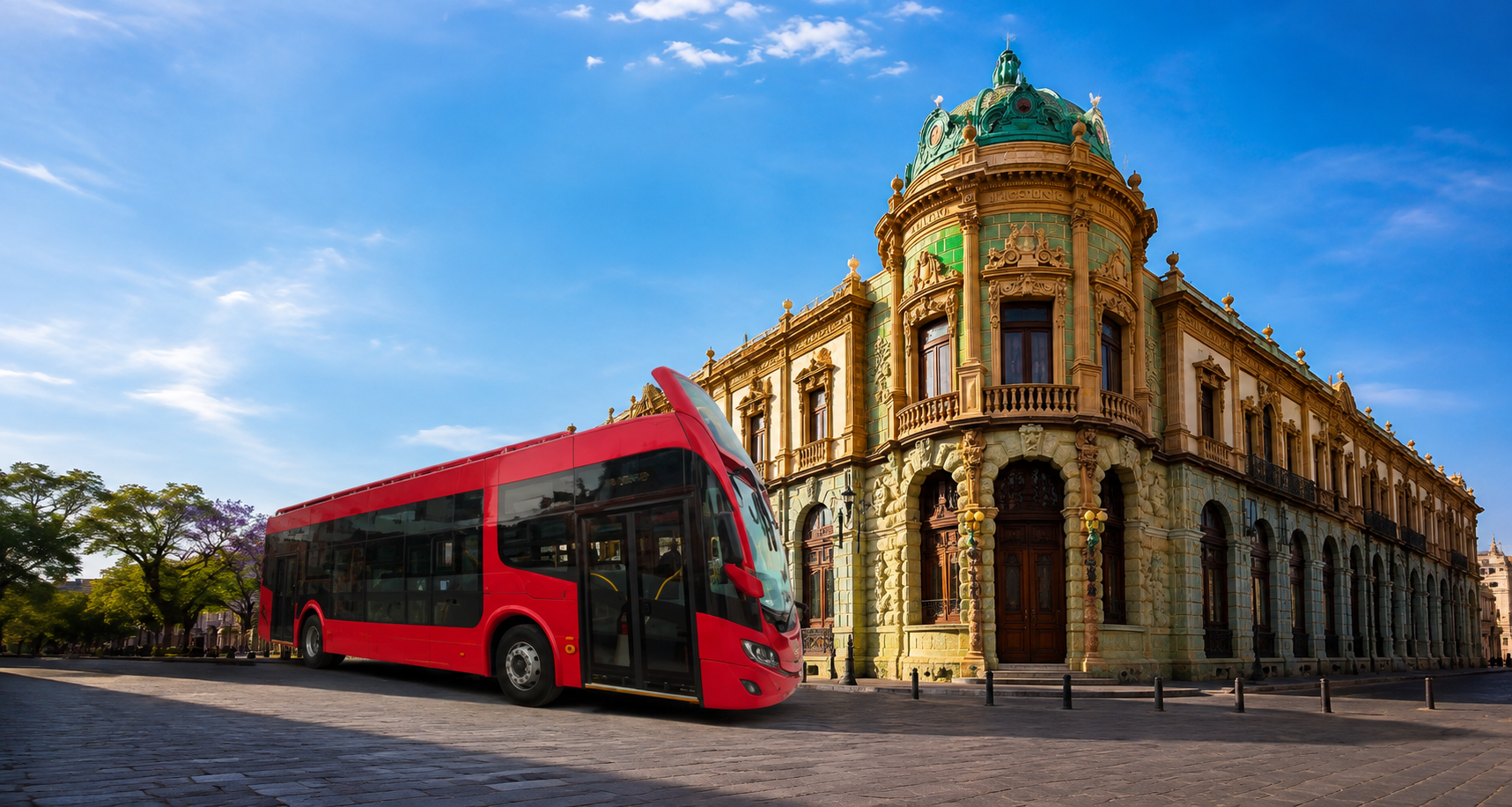 Autobús turístico rojo de Andabús frente al Palacio de Gobierno en el centro histórico de Oaxaca